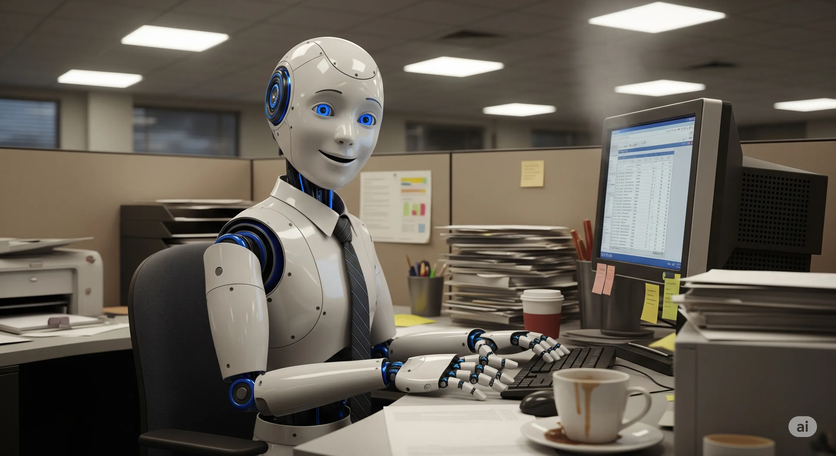 A photo-realistic robot intern with a friendly face sits in an office cubicle, typing on a keyboard with a slight smile. The robot is dressed in a shirt and tie, surrounded by office paperwork, a computer monitor and a coffee cup with a spill.