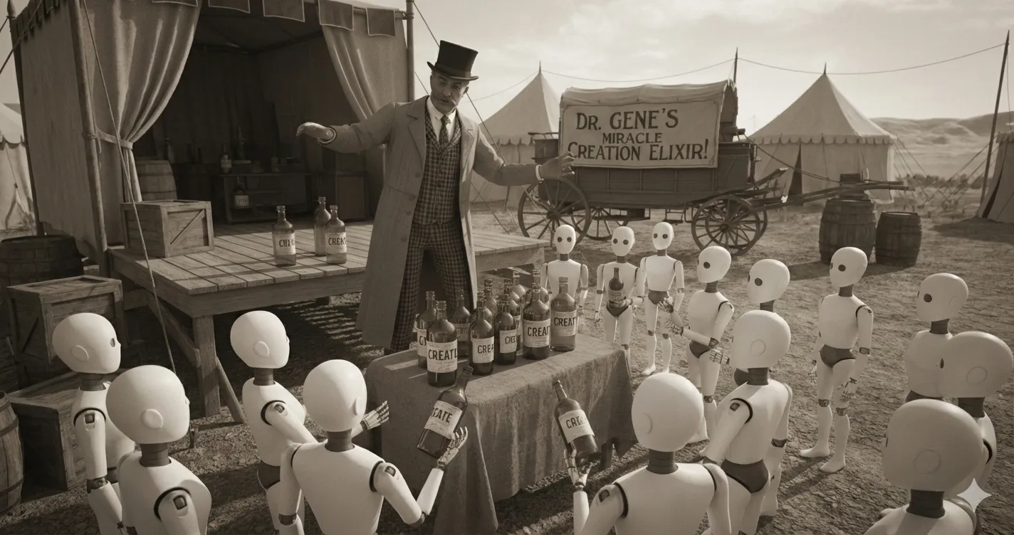 A sepia-toned vintage scene featuring an old-timey snake oil salesman in a top hat and coat standing behind a table of bottles labeled 'C.R.E.A.T.E..' He is surrounded by a group of smooth, white plastic android humanoids who are curiously examining the elixir.